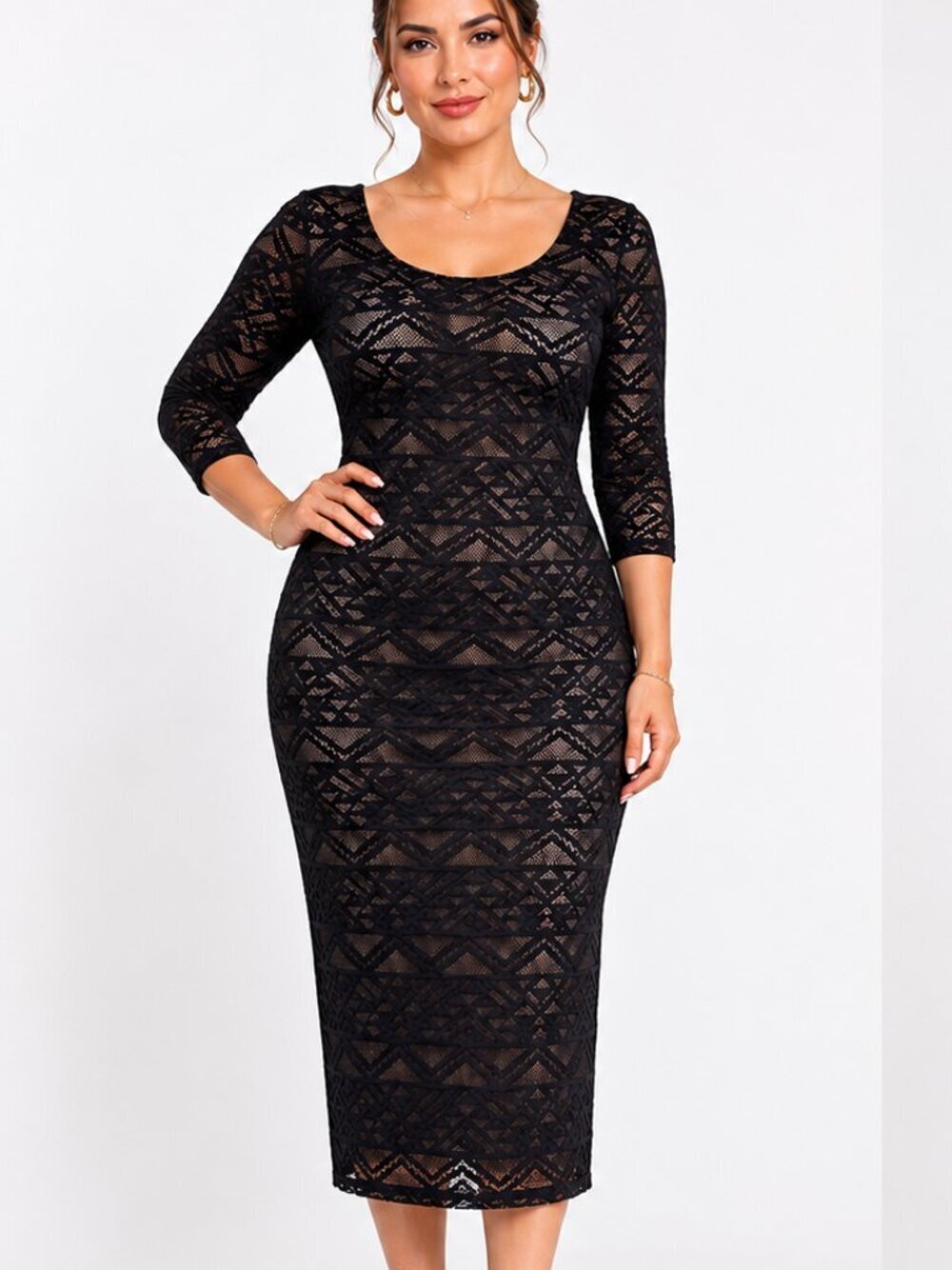 Xhilaration Black Lace Chevron Bodycon Midi Dress Nude Lining Small NWT